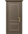Дверь входная в квартиру Cerber 24 - Багетная МДФ панель, цвет Ral 7006 с золочением. Наличники фигурные и капитель Luce с золочением, с зарезкой под петли.