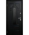 Дверь входная в квартиру Cerber 26 - МДФ панель с покрытием натуральным шпоном  Венге. Декорирована черным стеклом в центральной части.